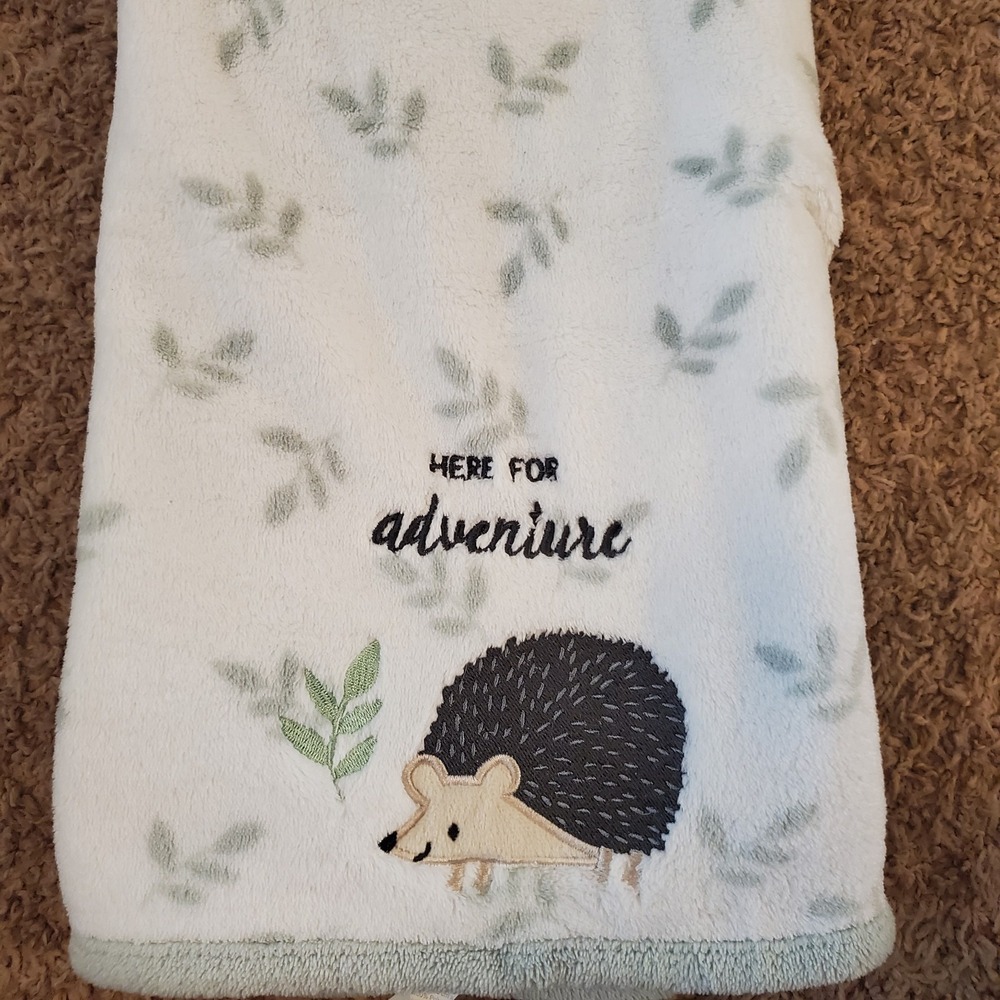 NEW parent's choice Plush baby blanket. 30 by 40 inches. White & green hedgehog